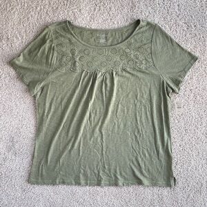 Talbots Moss Green Eyelet Lace Scoop Neck Short Sleeve Top Size XL Petite NEW